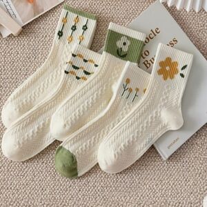 5 Pairs Womens Ankle Socks, Cable Knit Floral Vintage Crew Bran New